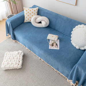 Boho Herringbone Sofa Throw Blanket with Pom Pom Tassels Stylish Furniture Slipcover