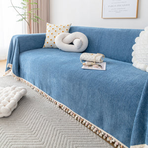 Couch Cover Sectional L Shape Chenille Herringbone Couch Throw Cover with Tassel Pom-Poms for Pets