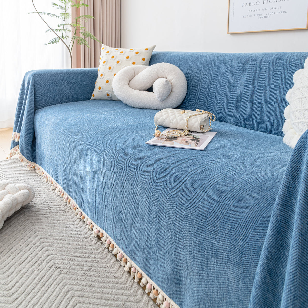 Couch Cover Sectional L Shape Chenille Herringbone Couch Throw Cover with Tassel Pom-Poms for Pets