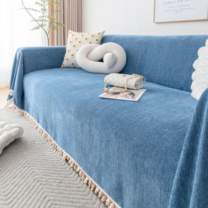 Couch Cover Sectional L Shape Chenille Herringbone Couch Throw Cover with Tassel Pom-Poms for Pets