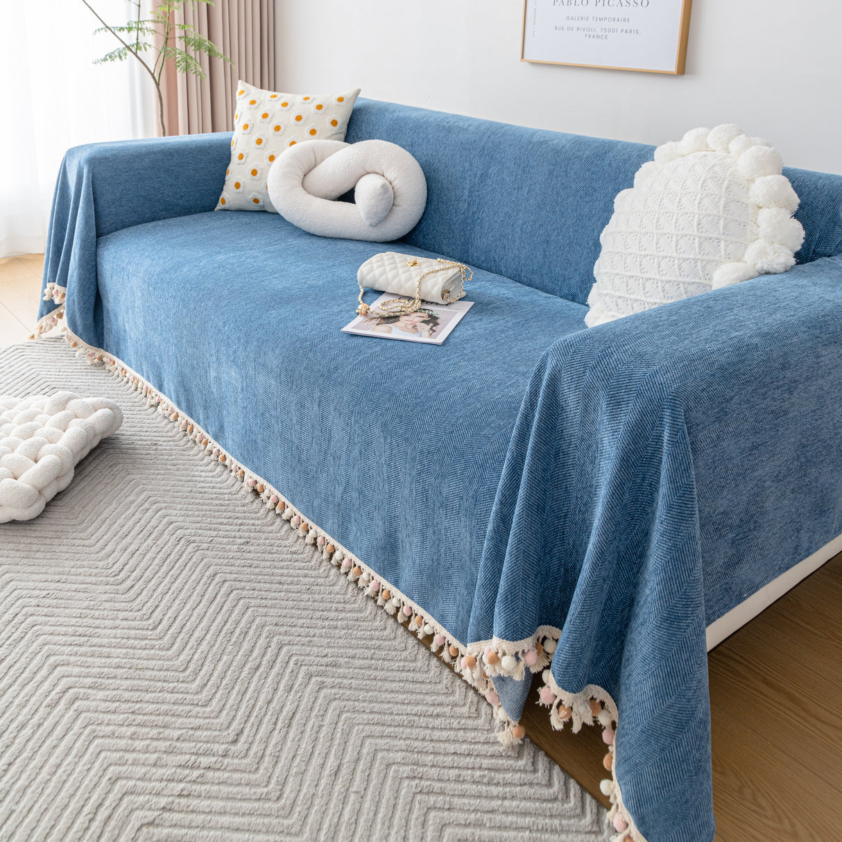 Couch Cover Sectional L Shape Chenille Herringbone Couch Throw Cover with Tassel Pom-Poms for Pets