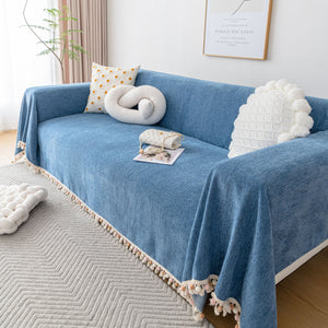 Boho Herringbone Sofa Throw Blanket with Pom Pom Tassels Stylish Furniture Slipcover