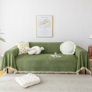 Couch Cover Sectional L Shape Chenille Herringbone Couch Throw Cover with Tassel Pom-Poms for Pets