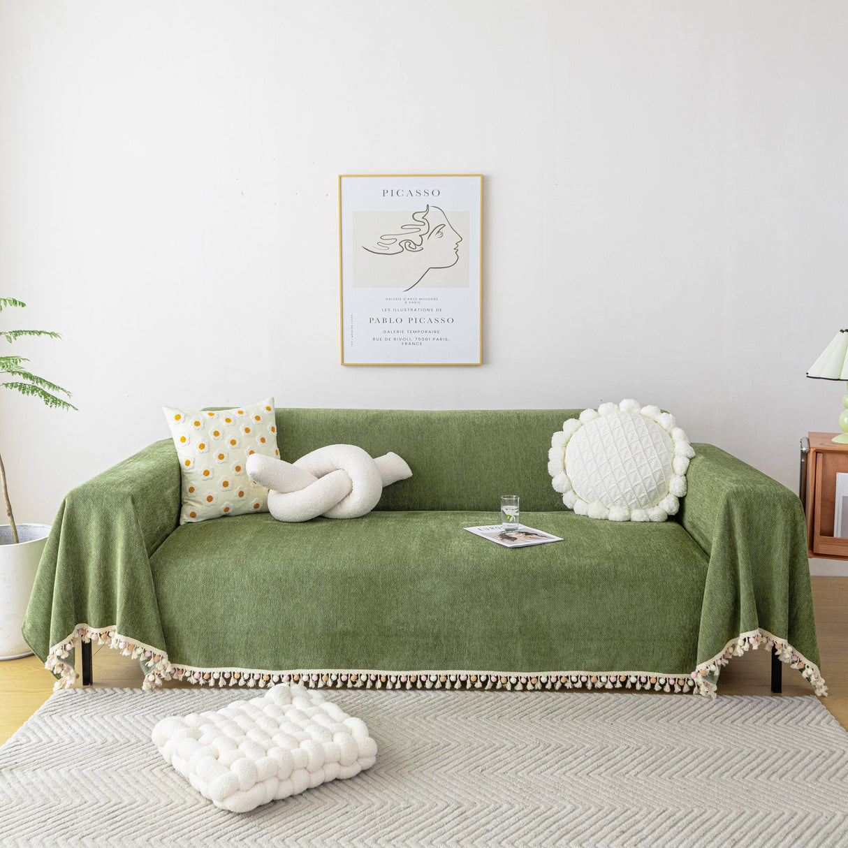 Boho Herringbone Sofa Throw Blanket with Pom Pom Tassels Stylish Furniture Slipcover