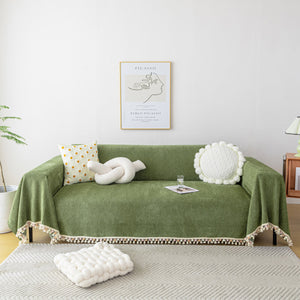 Boho Herringbone Sofa Throw Blanket with Pom Pom Tassels Stylish Furniture Slipcover