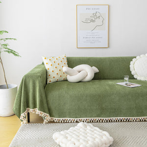 Boho Herringbone Sofa Throw Blanket with Pom Pom Tassels Stylish Furniture Slipcover