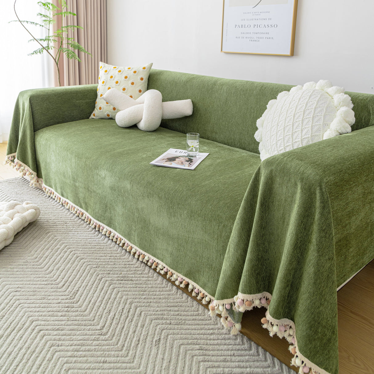 Couch Cover Sectional L Shape Chenille Herringbone Couch Throw Cover with Tassel Pom-Poms for Pets