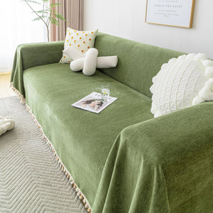 Couch Cover Sectional L Shape Chenille Herringbone Couch Throw Cover with Tassel Pom-Poms for Pets