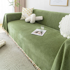 Couch Cover Sectional L Shape Chenille Herringbone Couch Throw Cover with Tassel Pom-Poms for Pets