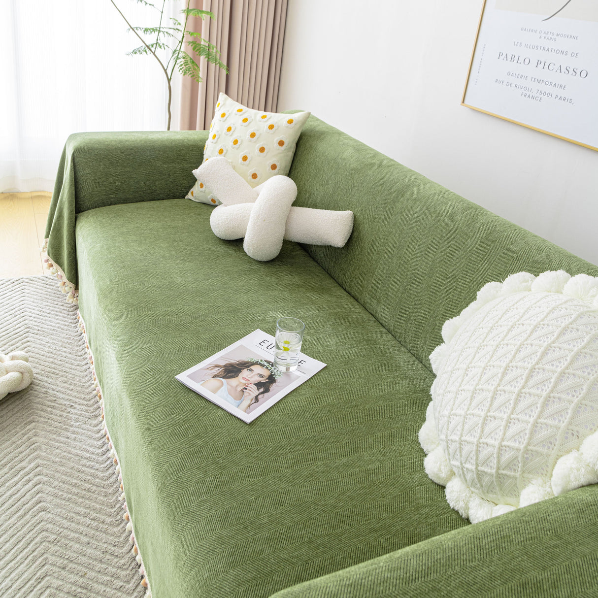 Boho Herringbone Sofa Throw Blanket with Pom Pom Tassels Stylish Furniture Slipcover