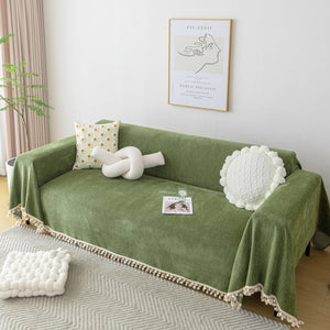 Couch Cover Sectional L Shape Chenille Herringbone Couch Throw Cover with Tassel Pom-Poms for Pets