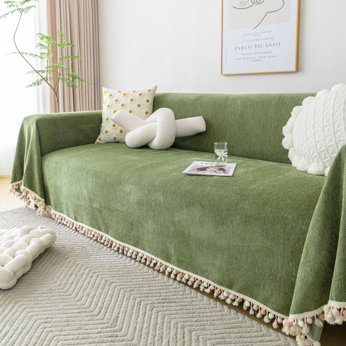 Boho Herringbone Sofa Throw Blanket with Pom Pom Tassels Stylish Furniture Slipcover