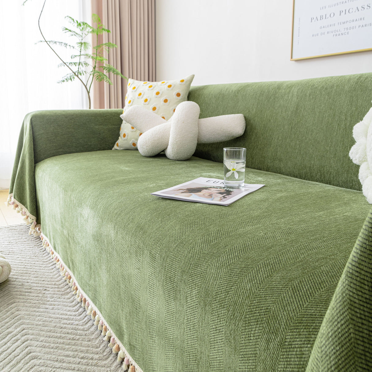 Boho Herringbone Sofa Throw Blanket with Pom Pom Tassels Stylish Furniture Slipcover