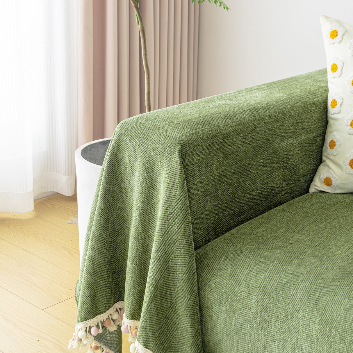 Couch Cover Sectional L Shape Chenille Herringbone Couch Throw Cover with Tassel Pom-Poms for Pets