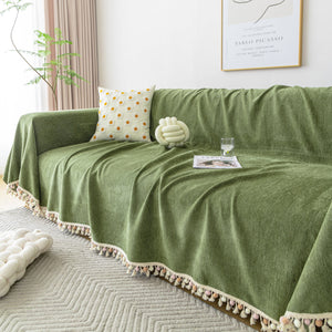 Couch Cover Sectional L Shape Chenille Herringbone Couch Throw Cover with Tassel Pom-Poms for Pets