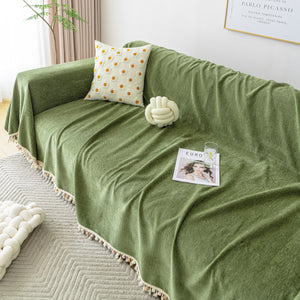 Couch Cover Sectional L Shape Chenille Herringbone Couch Throw Cover with Tassel Pom-Poms for Pets