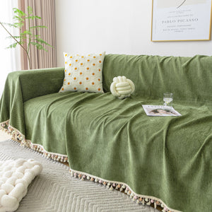 Couch Cover Sectional L Shape Chenille Herringbone Couch Throw Cover with Tassel Pom-Poms for Pets