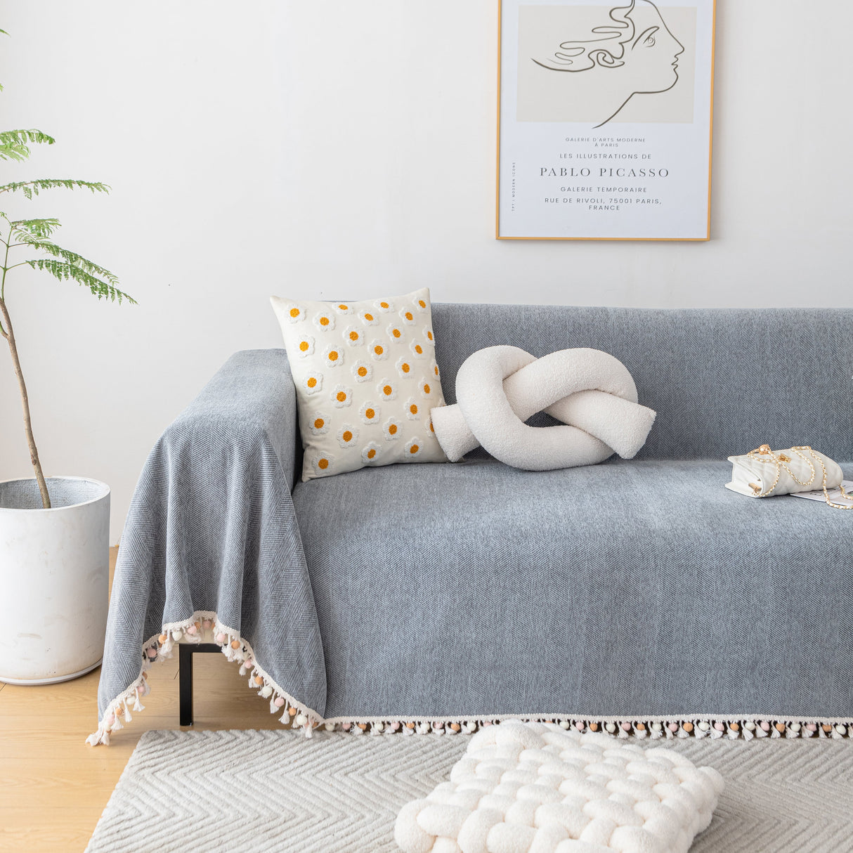 Couch Cover Sectional L Shape Chenille Herringbone Couch Throw Cover with Tassel Pom-Poms for Pets