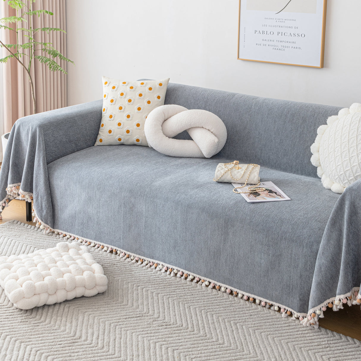 Boho Herringbone Sofa Throw Blanket with Pom Pom Tassels Stylish Furniture Slipcover