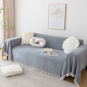 Couch Cover Sectional L Shape Chenille Herringbone Couch Throw Cover with Tassel Pom-Poms for Pets