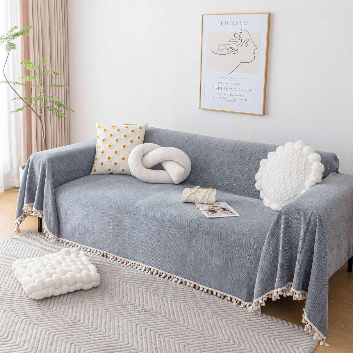 Boho Herringbone Sofa Throw Blanket with Pom Pom Tassels Stylish Furniture Slipcover