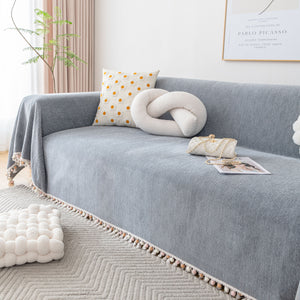 Boho Herringbone Sofa Throw Blanket with Pom Pom Tassels Stylish Furniture Slipcover