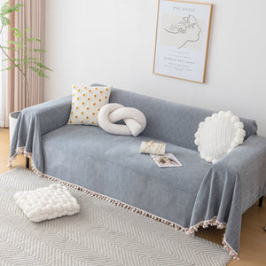 Boho Herringbone Sofa Throw Blanket with Pom Pom Tassels Stylish Furniture Slipcover