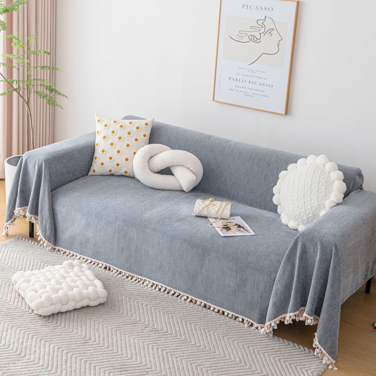 Couch Cover Sectional L Shape Chenille Herringbone Couch Throw Cover with Tassel Pom-Poms for Pets