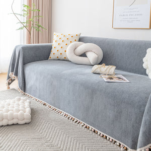 Boho Herringbone Sofa Throw Blanket with Pom Pom Tassels Stylish Furniture Slipcover