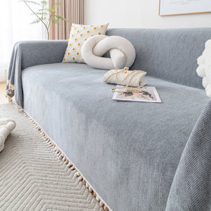 Couch Cover Sectional L Shape Chenille Herringbone Couch Throw Cover with Tassel Pom-Poms for Pets