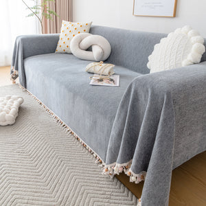 Couch Cover Sectional L Shape Chenille Herringbone Couch Throw Cover with Tassel Pom-Poms for Pets
