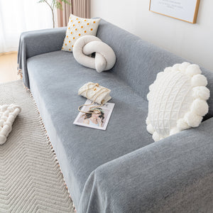 Couch Cover Sectional L Shape Chenille Herringbone Couch Throw Cover with Tassel Pom-Poms for Pets