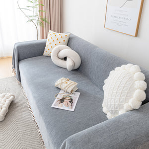 Boho Herringbone Sofa Throw Blanket with Pom Pom Tassels Stylish Furniture Slipcover
