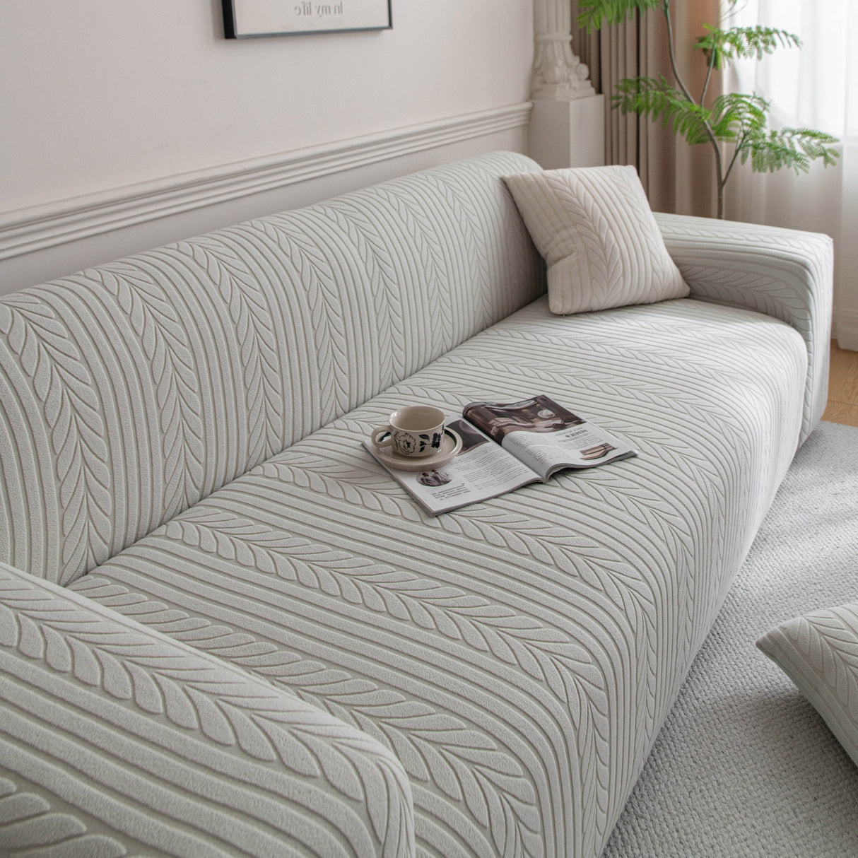 Plush Fleece Sofa Slipcover with 3D Wheat Pattern, Cozy High-Stretch Couch Cover