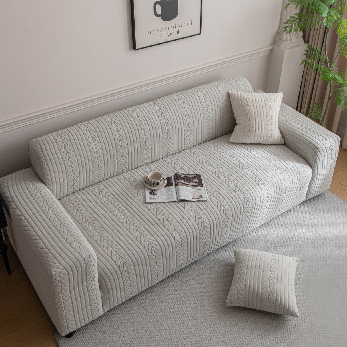 Plush Fleece Sofa Slipcover with 3D Wheat Pattern, Cozy High-Stretch Couch Cover