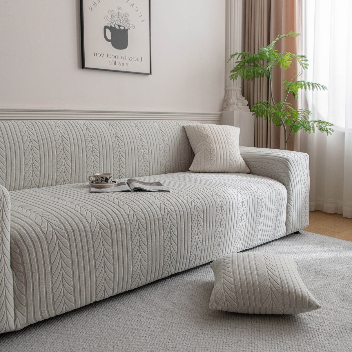 Plush Fleece Sofa Slipcover with 3D Wheat Pattern, Cozy High-Stretch Couch Cover