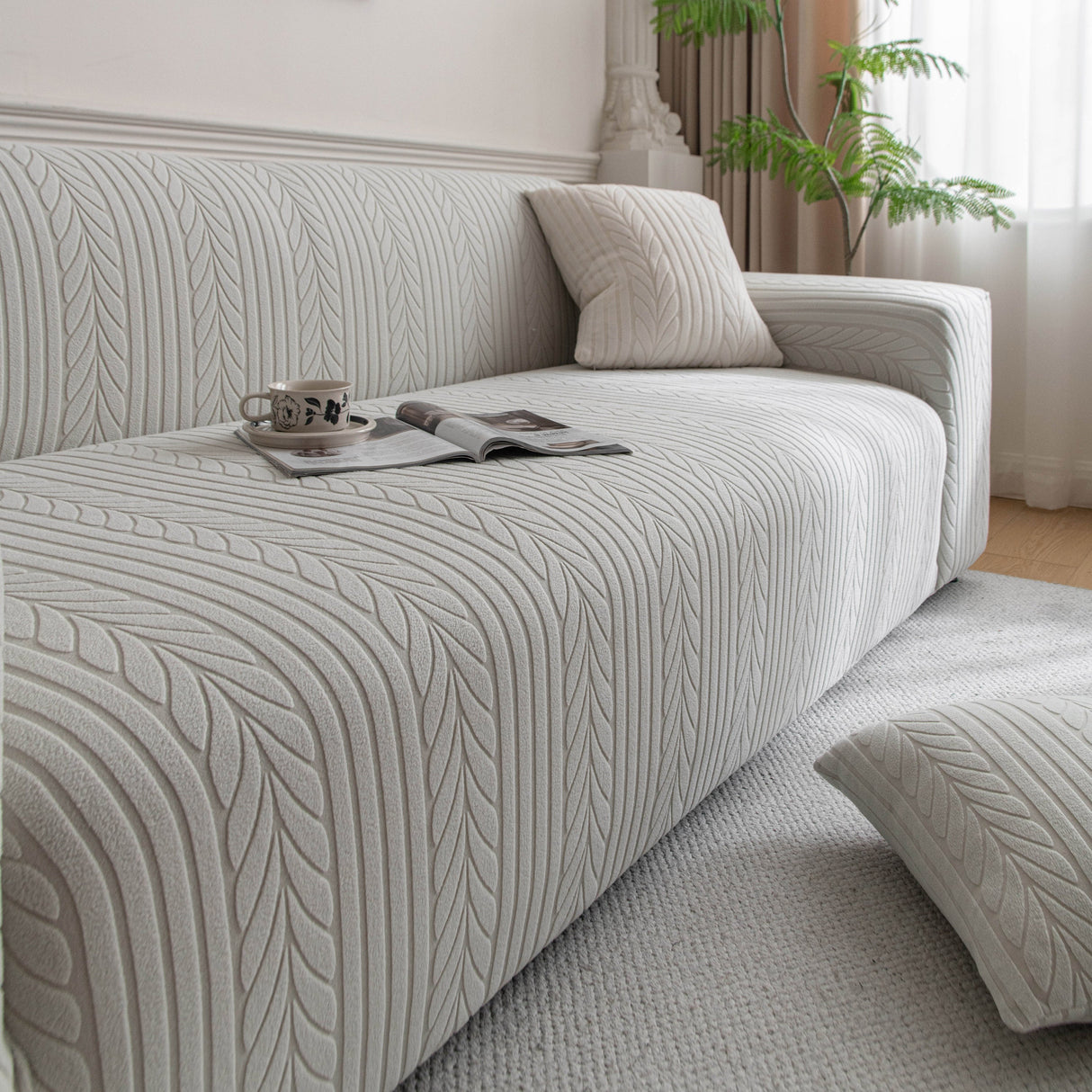 Plush Fleece Sofa Slipcover with 3D Wheat Pattern, Cozy High-Stretch Couch Cover