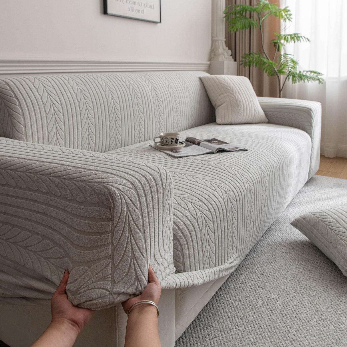 Plush Fleece Sofa Slipcover with 3D Wheat Pattern, Cozy High-Stretch Couch Cover