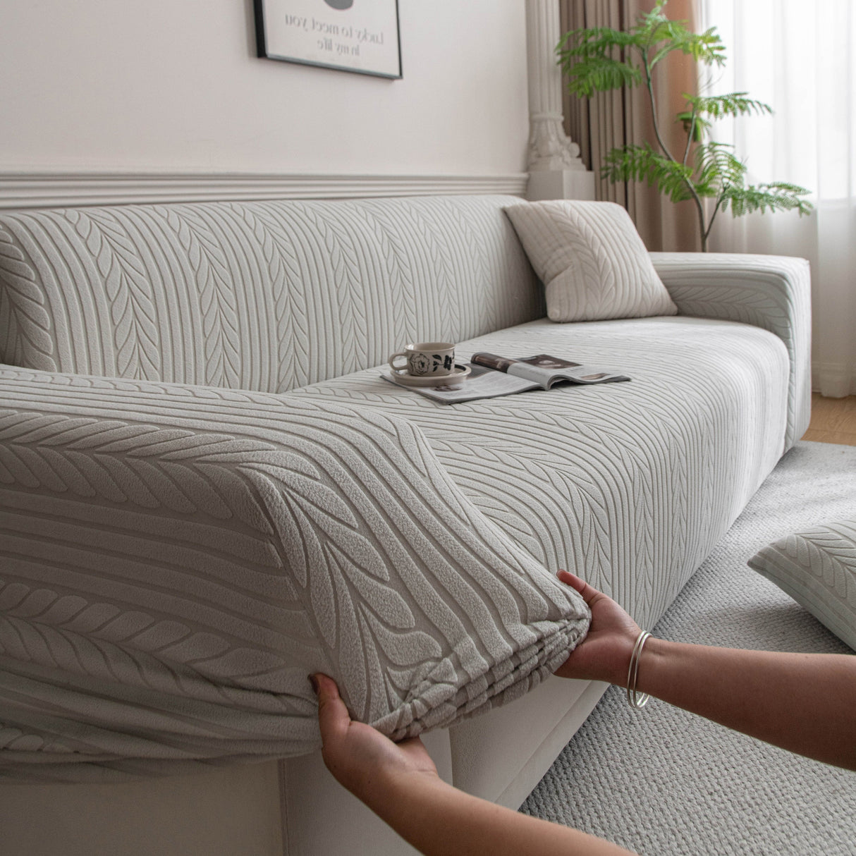 Plush Fleece Sofa Slipcover with 3D Wheat Pattern, Cozy High-Stretch Couch Cover