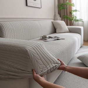 Plush Fleece Sofa Slipcover with 3D Wheat Pattern, Cozy High-Stretch Couch Cover