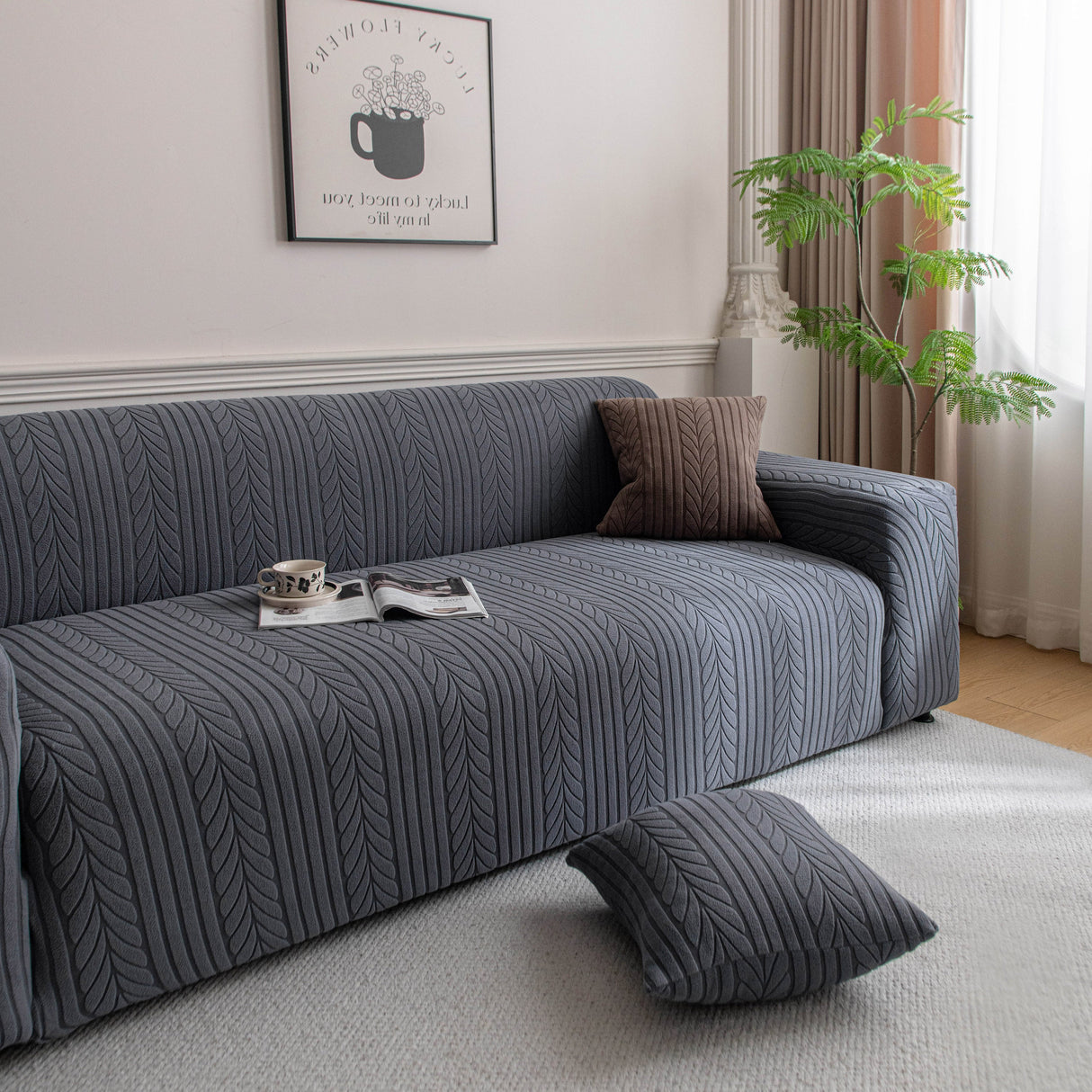 Plush Fleece Sofa Slipcover with 3D Wheat Pattern, Cozy High-Stretch Couch Cover