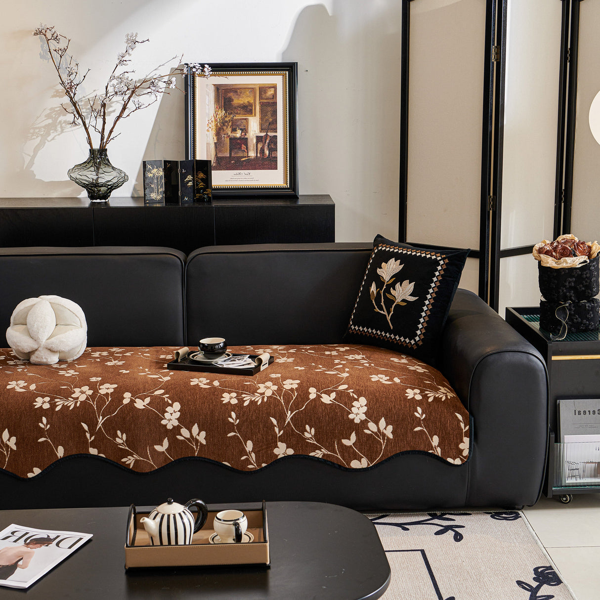 Floral Chenille Couch Cover, Non-Slip Sofa Slipcover Protector for Furniture