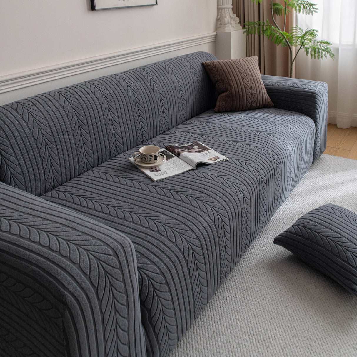 Plush Fleece Sofa Slipcover with 3D Wheat Pattern, Cozy High-Stretch Couch Cover