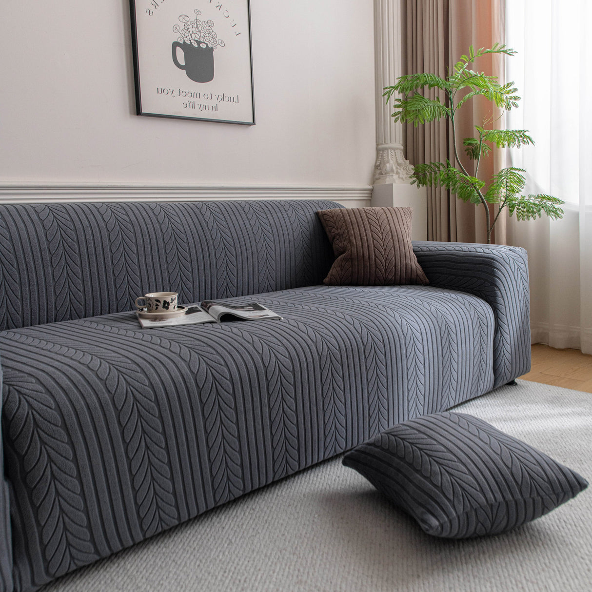 Plush Fleece Sofa Slipcover with 3D Wheat Pattern, Cozy High-Stretch Couch Cover