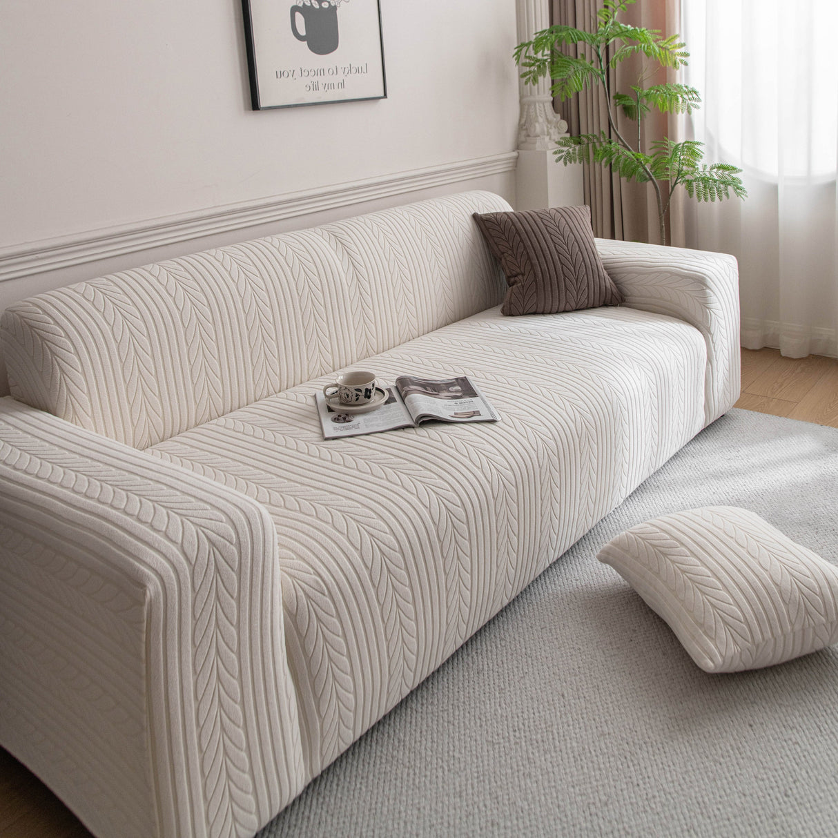 Plush Fleece Sofa Slipcover with 3D Wheat Pattern, Cozy High-Stretch Couch Cover