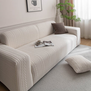 Plush Fleece Sofa Slipcover with 3D Wheat Pattern, Cozy High-Stretch Couch Cover