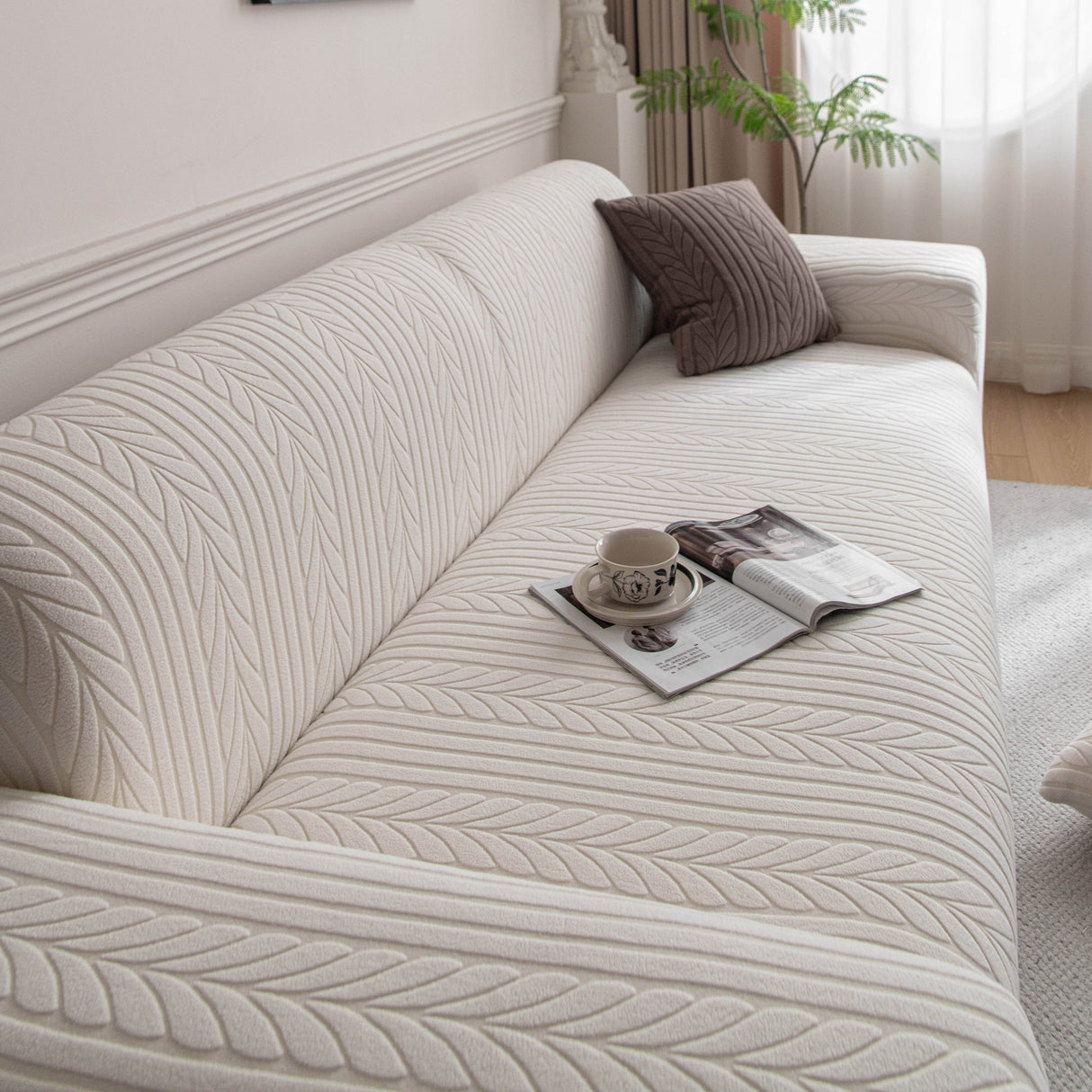 Plush Fleece Sofa Slipcover with 3D Wheat Pattern, Cozy High-Stretch Couch Cover