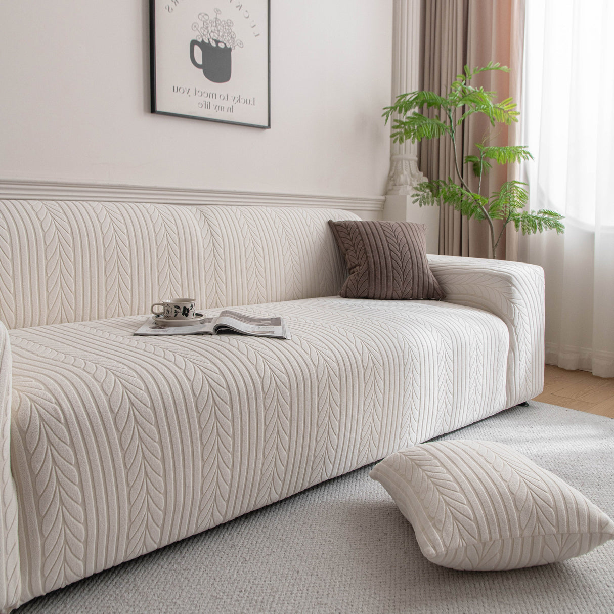 Plush Fleece Sofa Slipcover with 3D Wheat Pattern, Cozy High-Stretch Couch Cover