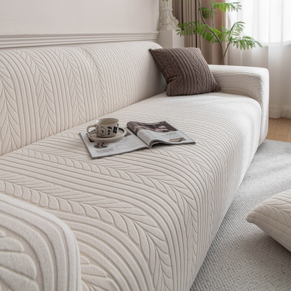 Plush Fleece Sofa Slipcover with 3D Wheat Pattern, Cozy High-Stretch Couch Cover