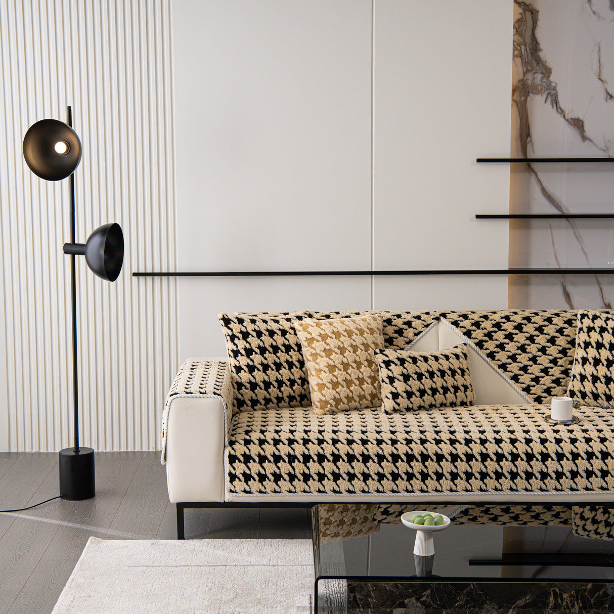Winter Thickened Sherpa Fleece Houndstooth Sofa Cushion, Non-slip Sofa Cover with Plush